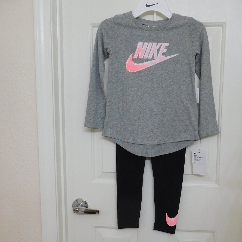 NWT 2pc Nike Gray Pink Top & Black Pink Swoosh Leggings Set sz 6x